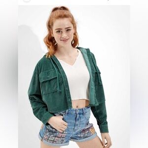 American Eagle Outfitters dark green corduroy hooded shacket